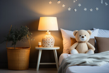 Children bedroom in bright light colors with a bookshelf and a teddy bear