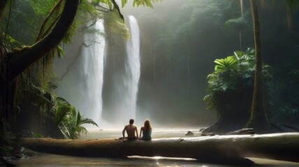Casal na floresta observando uma grande cachoeira (gerado com ia) - obrazy, fototapety, plakaty
