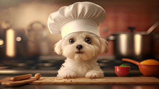 Little dog with chef's hat ready to cook. Created with Generative AI.	
