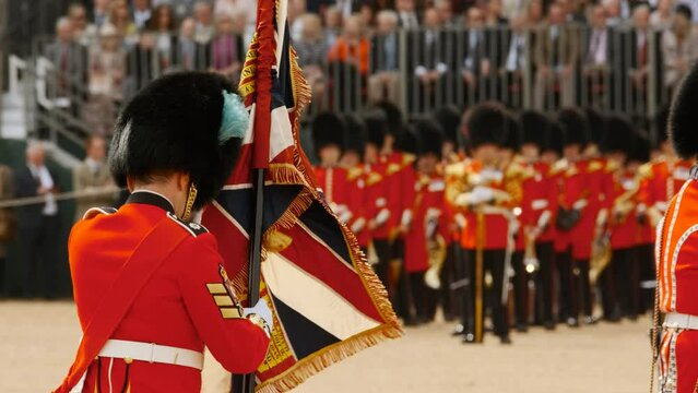 The guards of the Household Division are seen parading during the annual Trooping the Colour event in London, England, UK