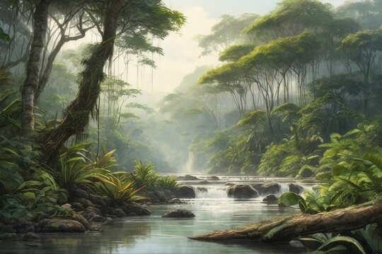 Floresta tropical, rio e grandes árvores. (gerado com ia)