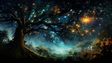 Digital painting of a big tree with stars in the sky