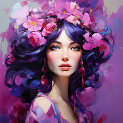 A woman with blue eyes and pink flowers in her purple hair digital painting portrait