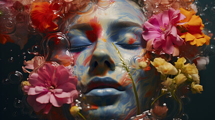 A woman's face with flowers in her hair submerged in water