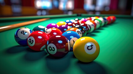 Billiard balls on a billiard table for competition and sport
