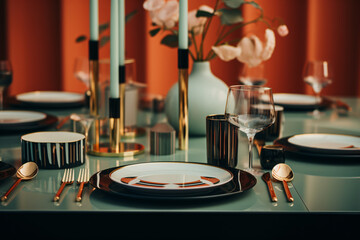 An artdeco style table set with plates, silverware and flowers