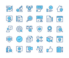 Quality control icons set. Vector line icons. Blue color outline stroke symbols. Modern concepts