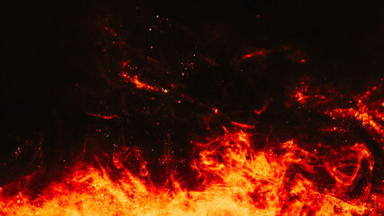 Abstract flame background. Night fire. Golden glitter smoke flow in black sky liquid shimmering...