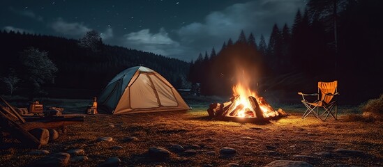 camping tent with campfire, camping at night - obrazy, fototapety, plakaty