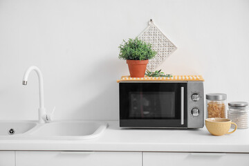 Microwave oven with houseplant, jars and sink on white kitchen counter