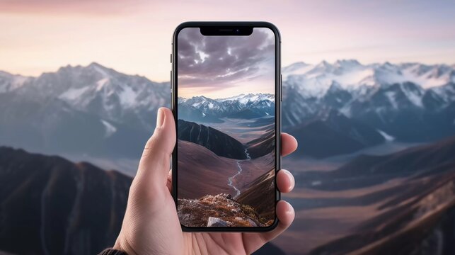 photo of hand holding a cell phone to take a photo of a mountain view, hand on the cell phone taking a mountain view. generative ai