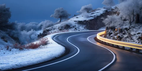 Fotobehang A winding road on a mountainside with a neon fence that leads to visiting parents for Christmas. © Olmyntay