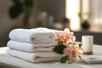 Fototapeta na wymiar spa composition towels on massage table in wellness 