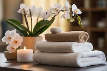 Obraz na płótnie Canvas spa composition towels on massage table in wellness 