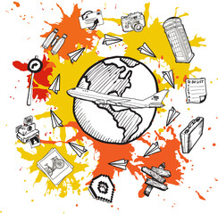 Digital png illustration of travel icons and stains on transparent background