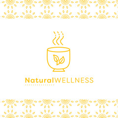 Digital png illustration of cup of tea and natural wellness text on transparent background