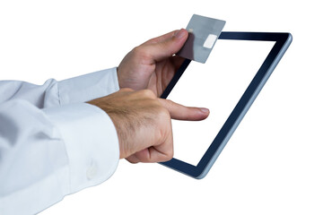 Digital png photo of caucasian businessman with credit card using tablet on transparent background