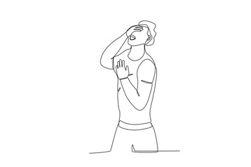 One continuous line drawing Hand drawn face expressions of man laughing holding stomach and covering mouth