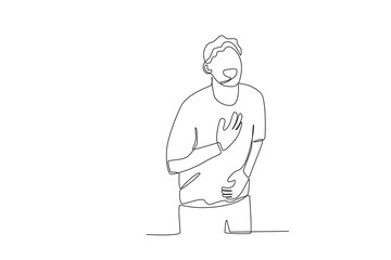 One continuous line drawing Hand drawn face expressions of man laughing while holding stomach and chest