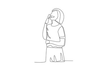 One continuous line drawing Hand drawn face expressions of woman laughing while holding belly and covering mouth
