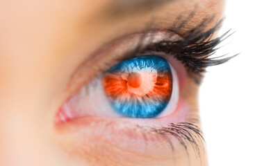 Digital png photo of caucasian woman with red and blue eye on transparent background