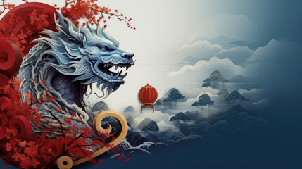 Dragon zodiac on sky with style chinese background , Happy chinese New Year 2024