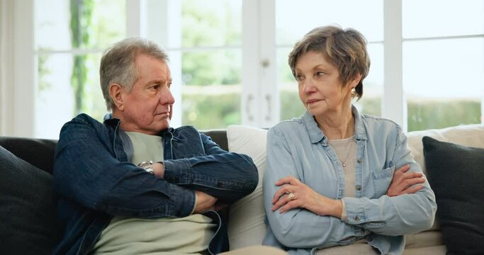 Senior couple, forgiveness and understanding for marriage, hope and conflict on couch in living room. Elderly people, fighting for cheating, affair and mistake in relationship, love and reconnect