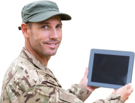 Digital png photo of happy male caucasian soldier using tablet, copy space on transparent background - Powered by Adobe