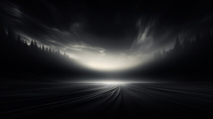 Landschaft mit Bäumen und Himmel (dunkel gehalten) mit sehr hellem Lichteffekt in schwarz weiß und mit Platz für Text. 16:9 Querformat. Generative Ai. - obrazy, fototapety, plakaty