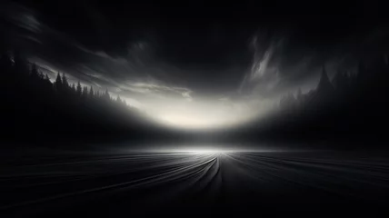 Foto auf Alu-Dibond Landschaft mit Bäumen und Himmel (dunkel gehalten) mit sehr hellem Lichteffekt in schwarz weiß und mit Platz für Text. 16:9 Querformat. Generative Ai. © Michael