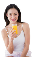 Digital png photo of happy biracial woman holding glass with juice on transparent background