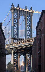 manhattan bridge view from dumbo (over the hudson river to brooklyn, new york) nyc skyline, tourism (empire state building view) travel, landmark