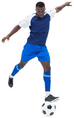 Fototapeta na wymiar Digital png photo of african american male soccer player kicking ball on transparent background