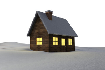 Digital png illustration of wood house in snow with copy space on transparent background