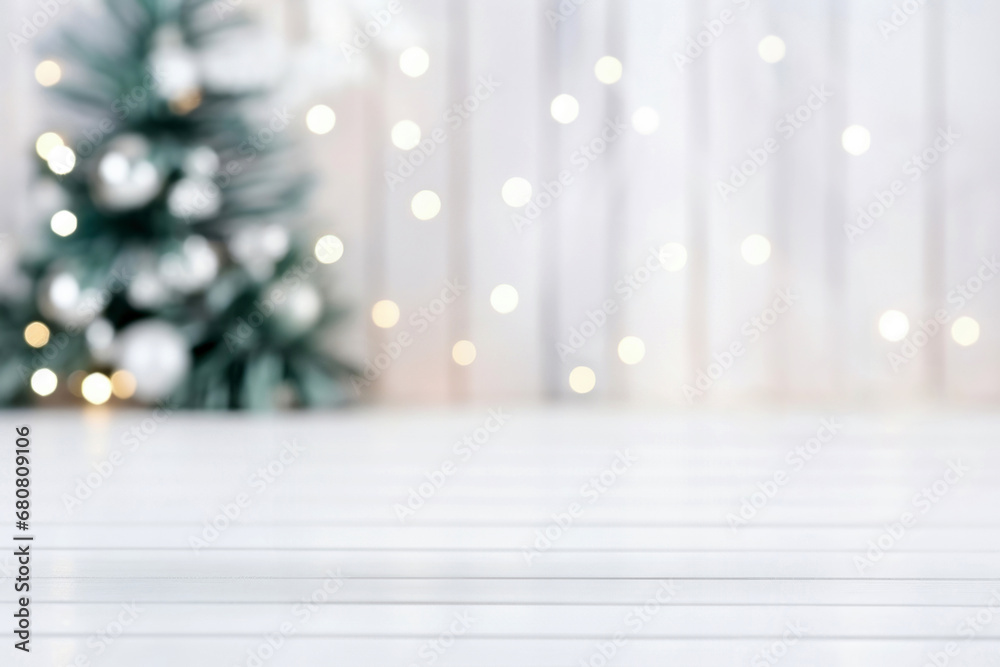 Aufkleber empty white wooden table top with blurred christmas background with bokeh lights and copy space. hig