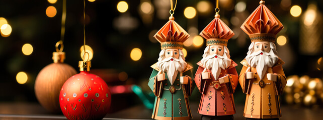 Three wise men holding gifts for Jesus. Concept religious holiday of Epiphany, Nativity of Jesus, Three Kings Day - obrazy, fototapety, plakaty
