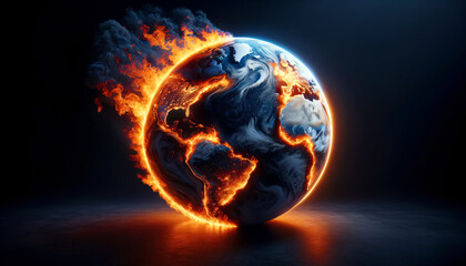 The globe or Earth is engulfed in flames, symbolizing the issue of global warming. - obrazy, fototapety, plakaty