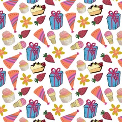 Birthday party, bright colourful pattern, elements on white background