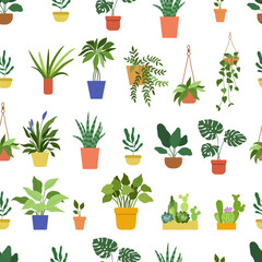 Vector seamless pattern with hand drawn house plants in pots on white background