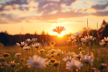 Blooming daisy flowers in a sunset time