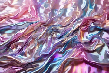 Obraz premium Iridescent silk background texture. Holographic abstract clothes with colorful iridescent waves.