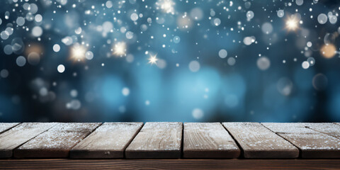 Wooden table for present product on snowy forest blur background. Christmas background for product montage.