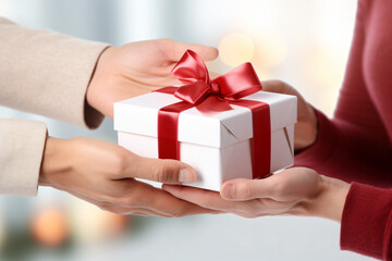 closeup hand sending gift to another hand, Christmas gift,Birthday present