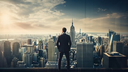 Businesspeople standing and looking out the high office windows in front of the modern city background. - obrazy, fototapety, plakaty