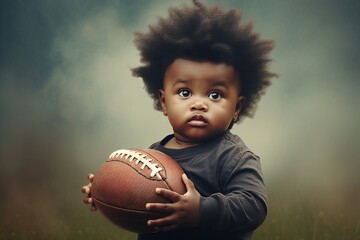 Adorable african american baby boy standing with american football ball. Horizontal banner