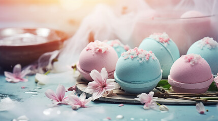 colorful bath bombs in spa composition