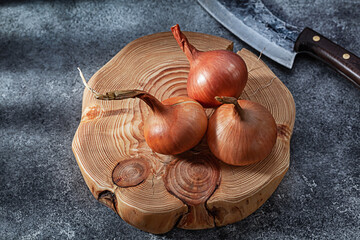 Onions On wooden Board Close Up.