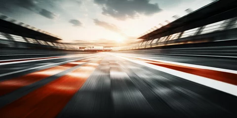 Badezimmer Foto Rückwand F1 race track circuit road with motion blur and grandstand stadium for Formula One racing © Summit Art Creations