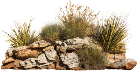 Isolated Savanna Landscape with Dry Grass and Rocks, Transparent Background - obrazy, fototapety, plakaty