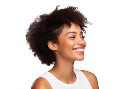 A beautiful woman smiling and looking to the left sideways, isolated on a white background